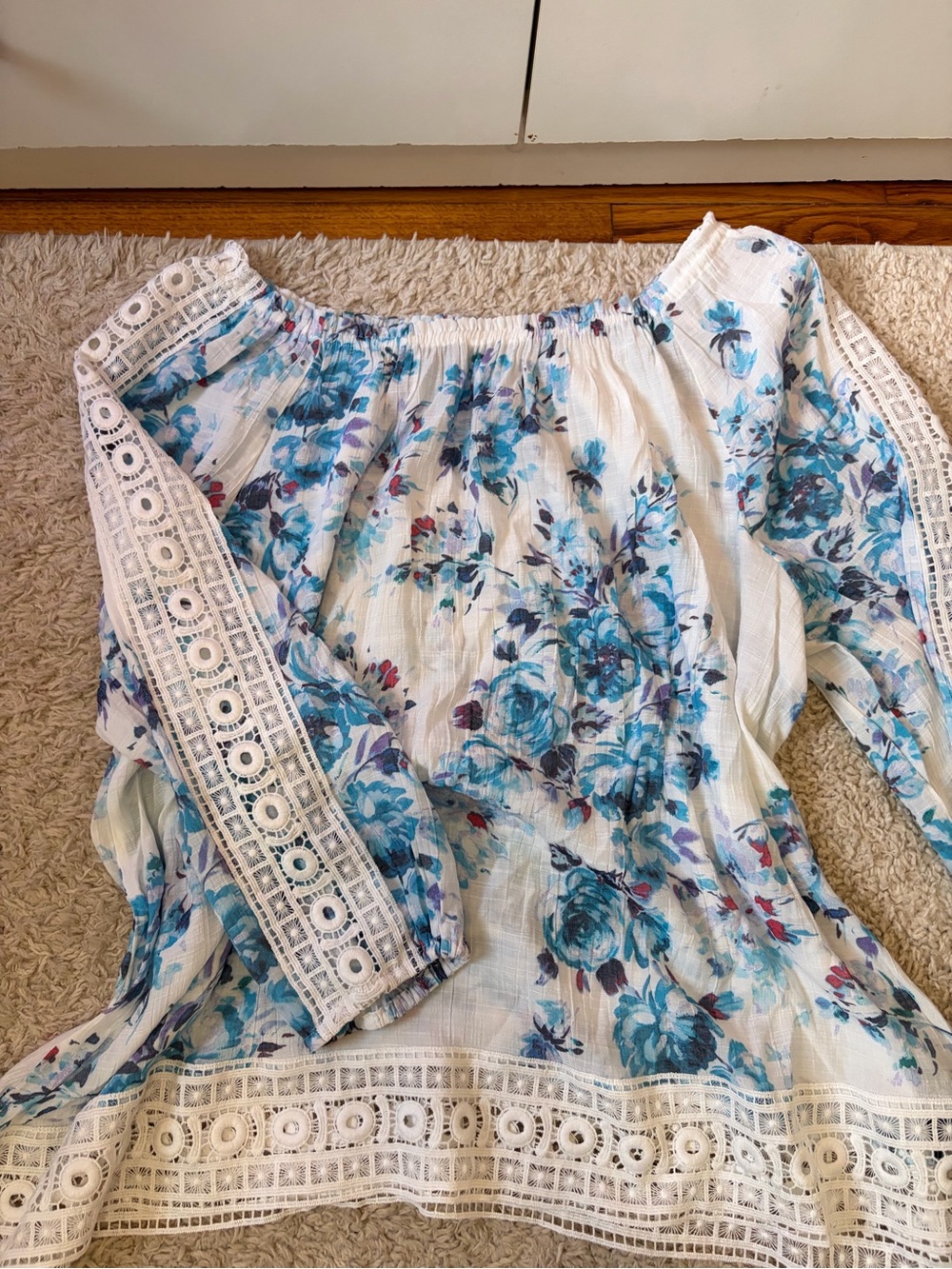 Zac & Rachel White Floral Off-Shoulder Top with Blue Accents